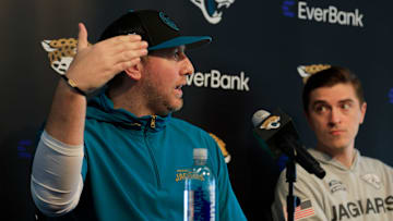 Jacksonville Jaguars head coach Liam Coen, left, speaks during a press conference next to general manager James Gladstone at Miller Electric Center Tuesday, April 15, 2025 in Jacksonville, Fla. [Corey Perrine/Florida Times-Union]