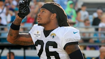 Jacksonville Jaguars safety Antonio Johnson (26) points skyward during an NFL scrimmage event at EverBank Stadium, Friday, Aug. 1, 2025, in Jacksonville, Fla. [Corey Perrine/Florida Times-Union]