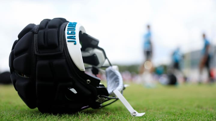 The helmet of Jacksonville Jaguars wide receiver Joshua Cephus (19) lies on the turf during a combined NFL football training camp session between the Tampa Bay Buccaneers and Jacksonville Jaguars Thursday, Aug. 15, 2024 at EverBank Stadium’s Miller Electric Center in Jacksonville, Fla. [Corey Perrine/Florida Times-Union]