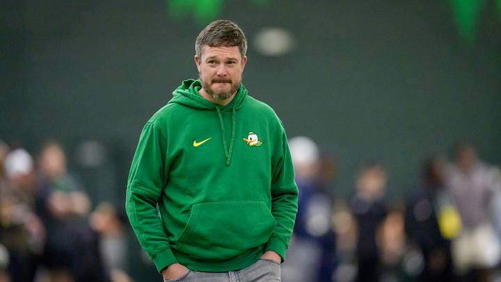 Oregon head coach Dan Lanning attends Oregon Pro Day on March 17, 2026, at the Moshofsky Center in Eugene, Oregon.