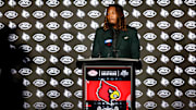Louisville linebacker T.J. Quinn speaks at the 2025 ACC Football Kickoff