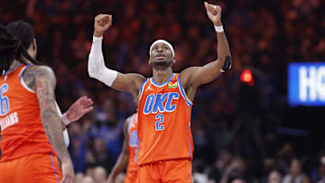 Nov 26, 2025; Oklahoma City, Oklahoma, USA; Oklahoma City Thunder guard Shai Gilgeous-Alexander (2) celebrates after scoring against the Minnesota Timberwolves during the second half at Paycom Center. Mandatory Credit: Alonzo Adams-Imagn Images