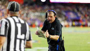 Sep 6, 2025; Gainesville, Florida, USA; Florida Gators head coach Billy Napier calls a timeout against the Florida Gators during the second half at Ben Hill Griffin Stadium. Mandatory Credit: Matt Pendleton-Imagn Images