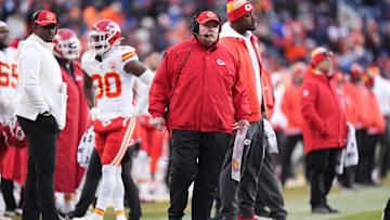 Jan 5, 2025; Denver, Colorado, USA; Kansas City Chiefs head coach Andy Reid during the second quarter against the Kansas City Chiefs at Empower Field at Mile High. Mandatory Credit: Ron Chenoy-Imagn Images