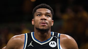 Apr 29, 2025; Indianapolis, Indiana, USA; Milwaukee Bucks forward Giannis Antetokounmpo (34) during game five of the first round for the 2024 NBA Playoffs against the Indiana Pacers at Gainbridge Fieldhouse. Mandatory Credit: Trevor Ruszkowski-Imagn Images
