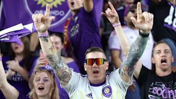 Nov 24, 2024; Orlando, Florida, USA; Orlando City fans cheer following a win over Atlanta United in a 2024 MLS Cup conference semifinal match at Inter&Co Stadium. Mandatory Credit: Nathan Ray Seebeck-Imagn Images
