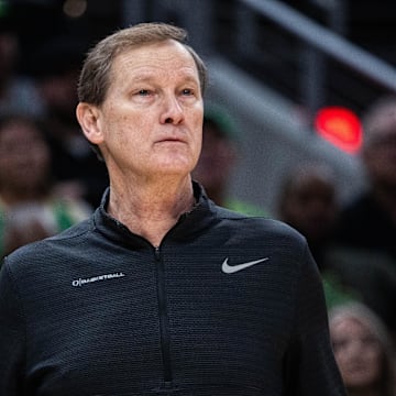 Mar 14, 2025; Indianapolis, IN, USA; Oregon Ducks head coach Dana Altman in the first half against the Michigan State Spartans at Gainbridge Fieldhouse. Mandatory Credit: Trevor Ruszkowski-Imagn Images