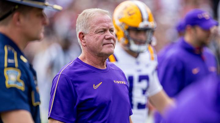 Sep 14, 2024; Columbia, South Carolina, USA; LSU Tigers head coach Brian Kelly walks off the field after warms against the South Carolina Gamecocks at Williams-Brice Stadium. Mandatory Credit: Scott Kinser-Imagn Images
