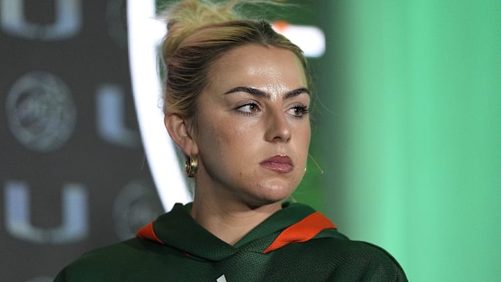 Oct 9, 2024; Charlotte, NC, USA; Miami player Haley Cavinder during ACC Media Days at The Hilton Charlotte Uptown. Mandatory Credit: Jim Dedmon-Imagn Images Oct 9, 2024; Charlotte, NC, USA; Miami player Haley Cavinder during ACC Media Days at The Hilton Charlotte Uptown. Mandatory Credit: Jim Dedmon-Imagn Images
