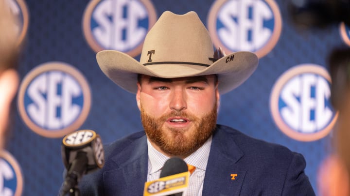 Jul 16, 2024; Dallas, TX, USA; Tennessee center Cooper Mays speaking at Omni Dallas Hotel. Mandatory Credit: Brett Patzke-USA TODAY Sports