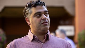 Nov 7, 2023; Scottsdale, AZ, USA; Los Angeles Angels general manager Perry Minasian speaks to the