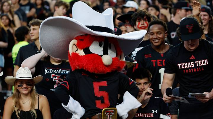Sep 18, 2026; Lubbock, Texas, USA;  Texas Tech Red Raiders Raider Red in the stands during the first half of the game between the Texas Tech Red Raiders and the Houston Cougars at Galaxy Stadium.  Mandatory Credit: Michael C. Johnson-Imagn Images