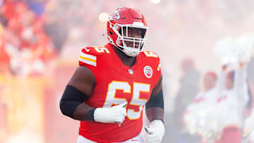 Jan 26, 2025; Kansas City, MO, USA; Kansas City Chiefs guard Trey Smith (65) against the Buffalo Bills in the AFC Championship game at GEHA Field at Arrowhead Stadium. Mandatory Credit: Mark J. Rebilas-Imagn Images