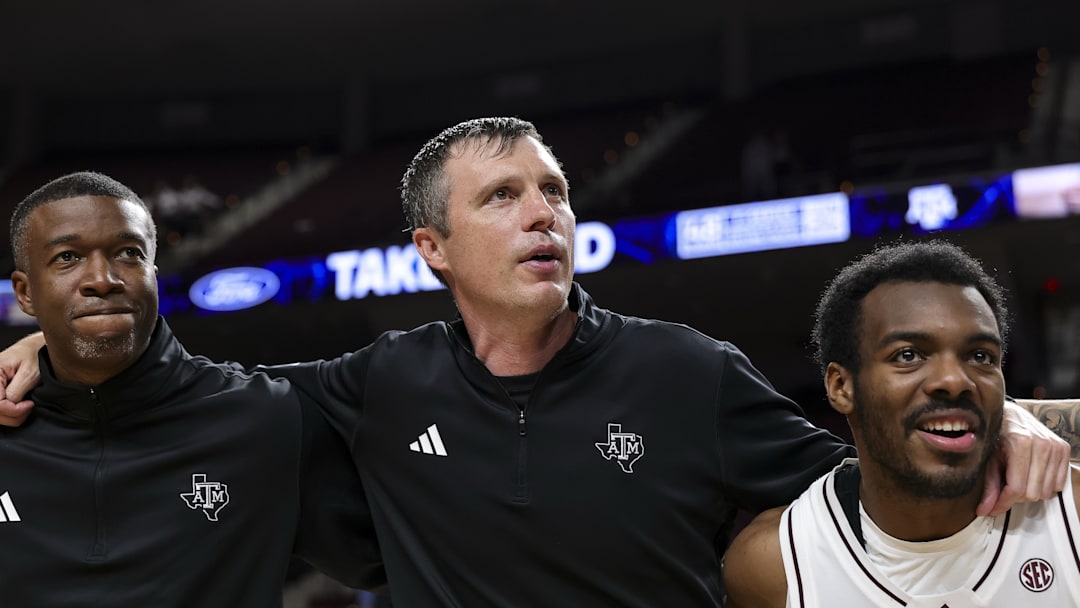 Nov 18, 2025; College Station, Texas, USA; Texas A&M Aggies head coach Bucky McMillan celebrates the win over  Montana Grizzlies at Reed Arena. Mandatory Credit: Maria Lysaker-Imagn Images 