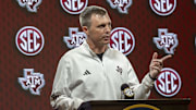 Oct 15, 2025; Birmingham, AL, USA; Texas A&M Aggies head coach Bucky McMillan talks with the media during SEC Media Days at Grand Bohemian Hotel. Mandatory Credit: Vasha Hunt-Imagn Images