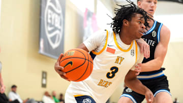 July 15, 2025; North Augusta, South Carolina, USA; NY Rens Jasiah Jervis (3) moves towards the basket during the NY Rens and JL3 game at Nike EYBL Peach Jam at Riverview Park Activities Center. The NY Rens won 83-53. Mandatory Credit: Katie Goodale - Augusta Chronicle/USA TODAY NETWORK