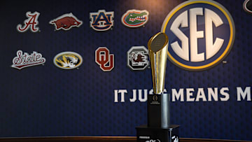 Jul 16, 2024; Dallas, TX, USA; The National Championship trophy at Omni Dallas Hotel. Mandatory Credit: Brett Patzke-Imagn Images