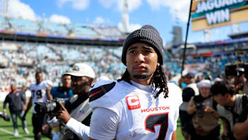 Houston Texans quarterback CJ. Stroud (7) looks on after the game of an NFL football matchup at EverBank Stadium, Sunday, Sept. 21, 2025, in Jacksonville, Fla. The Jaguars defeated the Texans 17-10.