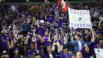 Nov 24, 2024; Orlando, Florida, USA; Orlando City fans cheer following a win over Atlanta United in a 2024 MLS Cup conference semifinal match at Inter&Co Stadium. Mandatory Credit: Nathan Ray Seebeck-Imagn Images