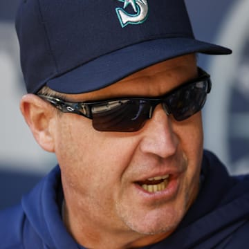 Seattle Mariners manager Dan Wilson talks before a game against the Tampa Bay Rays on Aug. 28 at T-Mobile Park in Seattle.