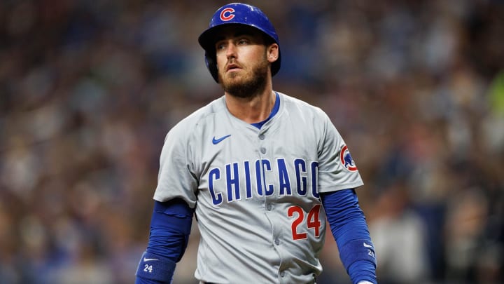 Jun 13, 2024; St. Petersburg, Florida, USA;  Chicago Cubs first baseman Cody Bellinger (24) reacts after striking out against the Tampa Bay Rays in the sixth inning at Tropicana Field.