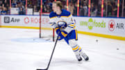 Mar 19, 2024; Vancouver, British Columbia, CAN; Buffalo Sabres defenseman Bowen Byram (4) skates during warm up prior to a game against the Vancouver Canucks at Rogers Arena. Mandatory Credit: Bob Frid-Imagn Images
