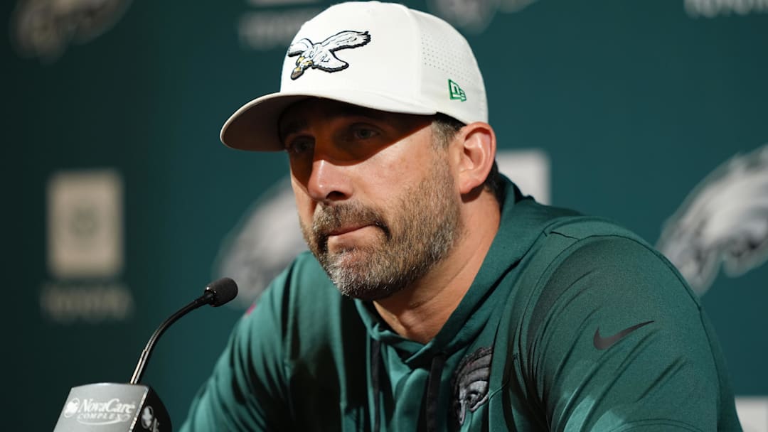 Philadelphia Eagles head coach Nick Sirianni addresses the media during a press conference at NovaCare Complex.