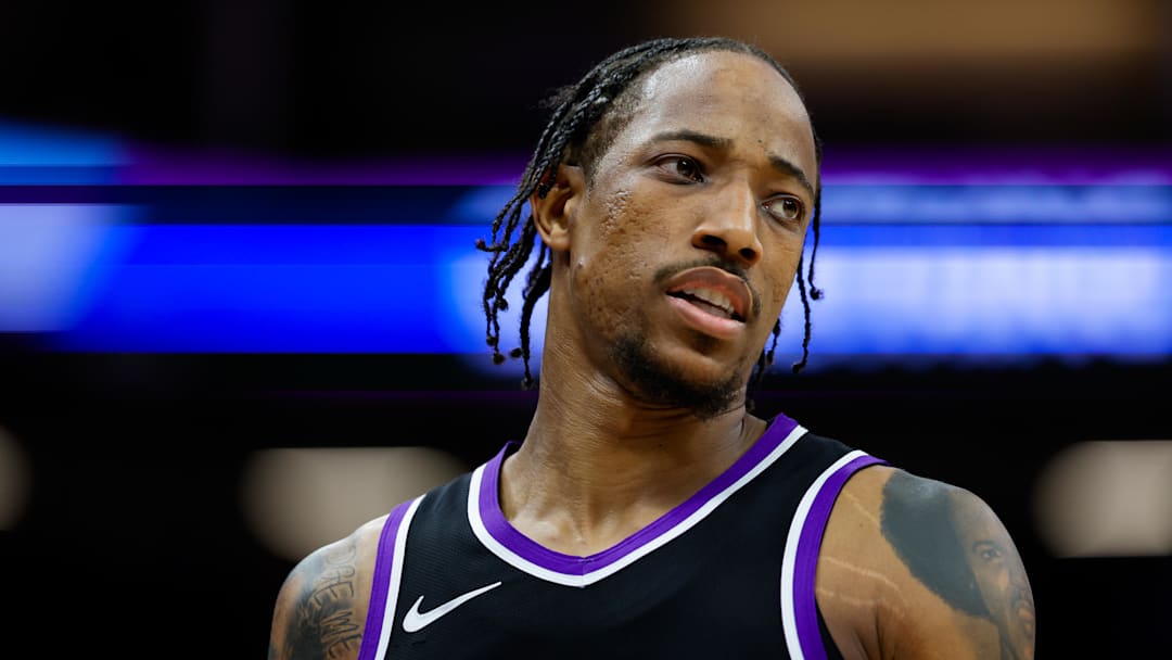 Apr 16, 2025; Sacramento, California, USA; Sacramento Kings forward DeMar DeRozan (10) looks on during the fourth quarter against the Dallas Mavericks at Golden 1 Center. Mandatory Credit: Sergio Estrada-Imagn Images