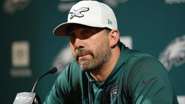 Philadelphia Eagles head coach Nick Sirianni addresses the media during a press conference at NovaCare Complex.