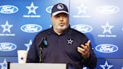 McCarthy addresses the media before practice at the Ford Center at the Star Training Facility in Frisco, Texas.