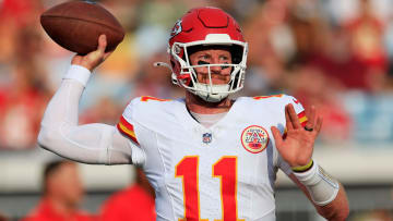 Kansas City Chiefs quarterback Carson Wentz (11) throws the ball before a preseason NFL football game Saturday, Aug. 10, 2024 at EverBank Stadium in Jacksonville, Fla. [Corey Perrine/Florida Times-Union]