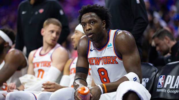 May 2, 2024; Philadelphia, Pennsylvania, USA; New York Knicks forward OG Anunoby (8) looks on from