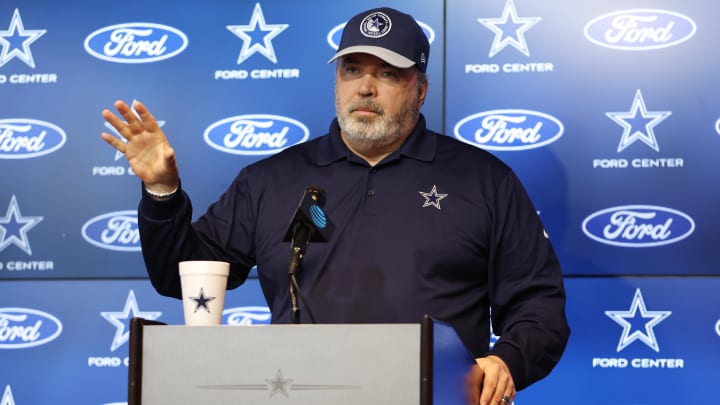 Jun 4, 2024; Frisco, TX, USA;  Dallas Cowboys head coach Mike McCarthy addresses the media before practice at the Ford Center at the Star Training Facility in Frisco, Texas. Mandatory Credit: Tim Heitman-USA TODAY Sports