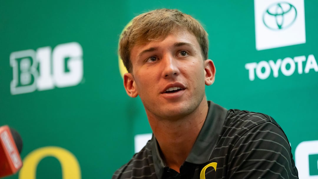 Oregon quarterback Austin Novosad speaks during Oregon football’s Media Day on July 28, 2025, at Autzen Stadium in Eugene.