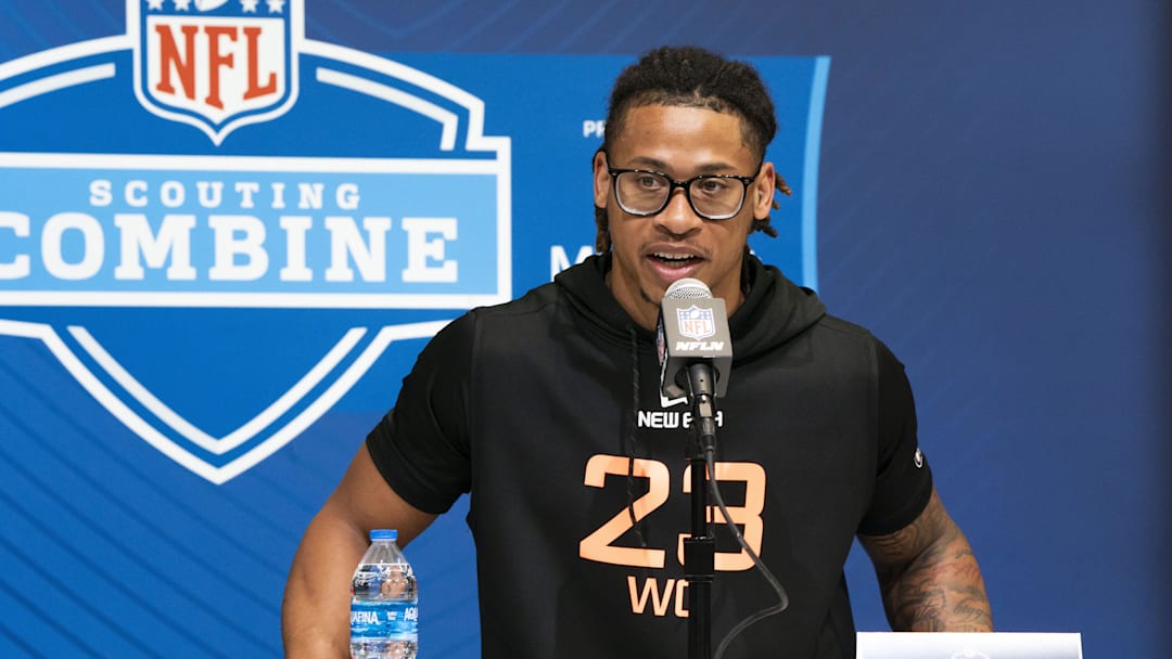Feb 28, 2025; Indianapolis, IN, USA; Minnesota wideout Daniel Jackson (WO23) answers questions at a press conference during the 2025 NFL Combine at Indiana Convention Center. Mandatory Credit: Stephanie Amador Blondet-Imagn Images