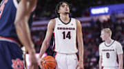 Jan 18, 2025; Athens, Georgia, USA; Georgia Bulldogs forward Asa Newell (14) prepares to shoot from the free throw line against the Auburn Tigers at Stegeman Coliseum. Mandatory Credit: Dale Zanine-Imagn Images
