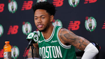 Sep 29, 2025; Boston, MA, USA; Boston Celtics guard Anfernee Simons (4) talks with reporters during media day at the Auerbach Center. Mandatory Credit: David Butler II-Imagn Images