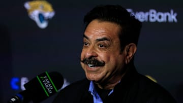 Jacksonville Jaguars owner Shad Khan fields questions after introducing Liam Coen as the new head coach during a press conference Monday, Jan. 27, 2025 at the Miller Electric Center in Jacksonville, Fla.