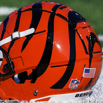 Dec 1, 2024; Cincinnati, Ohio, USA; A general view of the helmet of Cincinnati Bengals long snapper Cal Adomitis (48) during warmups before the game against the Pittsburgh Steelers at Paycor Stadium. Mandatory Credit: Katie Stratman-Imagn Images