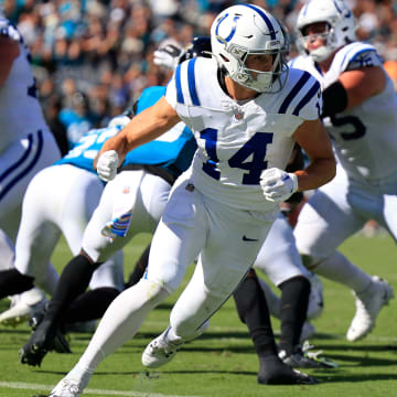 Indianapolis Colts wide receiver Alec Pierce (14) runs his route during the fourth quarter of an NFL football matchup Sunday, Oct. 15, 2023 at EverBank Stadium in Jacksonville, Fla. The Jacksonville Jaguars defeated the Indianapolis Colts 37-20. [Corey Perrine/Florida Times-Union]