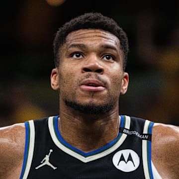 Giannis Antetokounmpo during game five of the first round for the 2024 NBA Playoffs against the Pacers.
