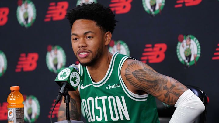 Sep 29, 2025; Boston, MA, USA; Boston Celtics guard Anfernee Simons (4) talks with reporters during media day at the Auerbach Center. Mandatory Credit: David Butler II-Imagn Images