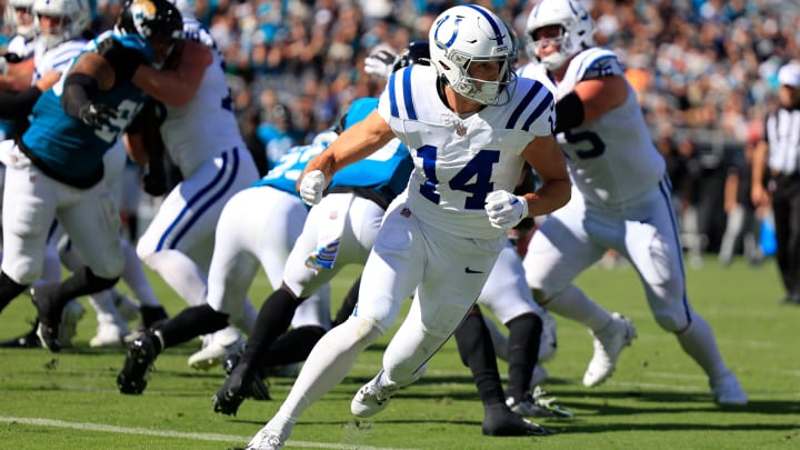 Indianapolis Colts wide receiver Alec Pierce (14) runs his route during the fourth quarter of an NFL football matchup Sunday, Oct. 15, 2023 at EverBank Stadium in Jacksonville, Fla. The Jacksonville Jaguars defeated the Indianapolis Colts 37-20. [Corey Perrine/Florida Times-Union]