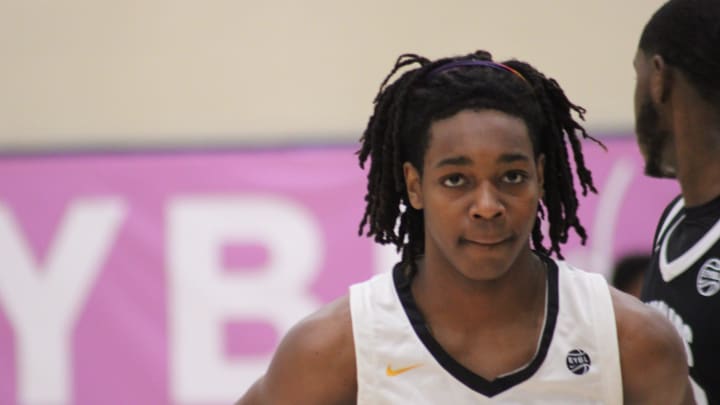 Jasper Johnson stands on the court during an AAU basketball game July 5, 2023, at the Nike EYBL Peach Jam in North Augusta, S.C. A Woodford County native, Johnson holds scholarship offers to play at Louisville and Kentucky and is considered one of the top guards in the Class of 2025.