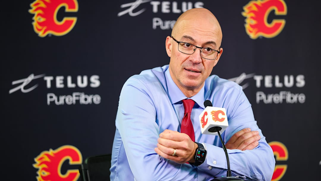 Oct 11, 2025; Calgary, Alberta, CAN; Calgary Flames head coach Ryan Huska during interview after the game against the St. Louis Blues at Scotiabank Saddledome. Mandatory Credit: Sergei Belski-Imagn Images