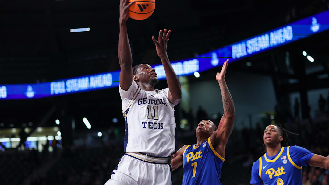Jan 14, 2026; Atlanta, Georgia, USA; Georgia Tech Yellow Jackets forward Baye Ndongo (11) shoots against the Pittsburgh Panthers in the second half at McCamish Pavilion. Mandatory Credit: Brett Davis-Imagn Images