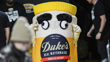 Jan 3, 2025; Charlotte, NC, USA; Dukes mascot  during the second half between the Minnesota Golden Gophers and the Virginia Tech Hokies at the Duke’s Mayo Bowl at Bank of America Stadium. Mandatory Credit: Jim Dedmon-Imagn Images