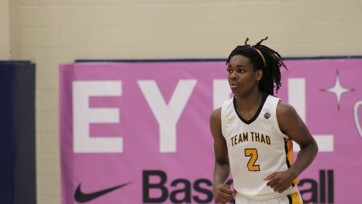 Jasper Johnson (2) stands on the court during an AAU basketball game July 5, 2023, at the Nike EYBL Peach Jam in North Augusta, S.C. A Woodford County native, Johnson holds scholarship offers to play at Louisville and Kentucky and is considered one of the top guards in the Class of 2025.