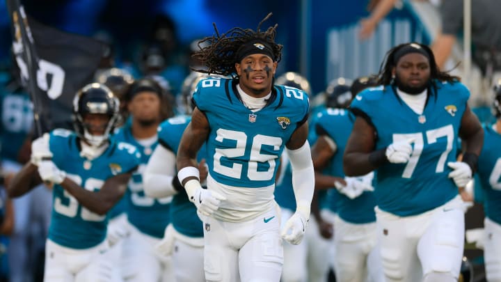 Jacksonville Jaguars safety Antonio Johnson (26) runs on the field before a preseason NFL football game Saturday, Aug. 17, 2024 at EverBank Stadium in Jacksonville, Fla. The Jacksonville Jaguars defeated the Tampa Bay Buccaneers 20-7. 