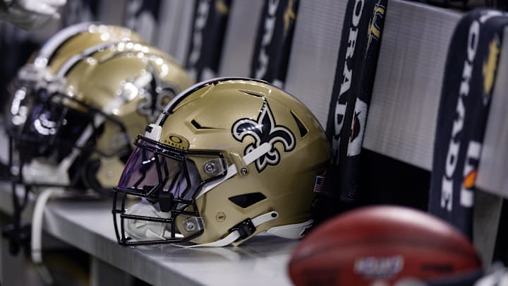Nov 5, 2023; New Orleans, Louisiana, USA; Detailed view of the New Orleans Saints helmets on the team bench against the Chicago Bears during the first half at the Caesars Superdome. Mandatory Credit: Stephen Lew-Imagn Images Nov 5, 2023; New Orleans, Louisiana, USA; Detailed view of the New Orleans Saints helmets on the team bench against the Chicago Bears during the first half at the Caesars Superdome. Mandatory Credit: Stephen Lew-Imagn Images